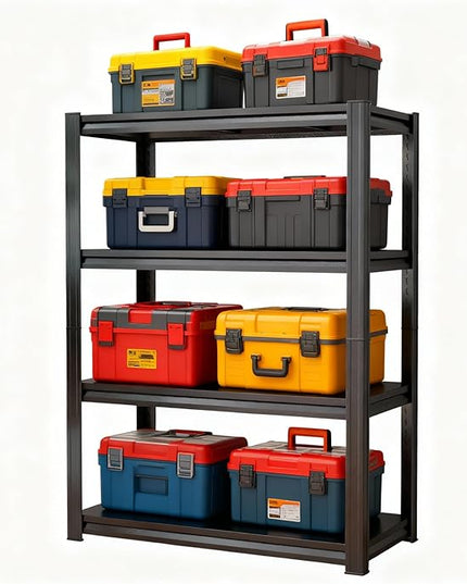 63''Storage Shelves, 4-Tier Garage Metal Shelving Unit, Adjustable, Double-Layer Column with Reinforced Ribs, Heavy-Duty, Capable of Bearing 2400 lbs Suitable for Garage, Warehouse, Kitchen Storage