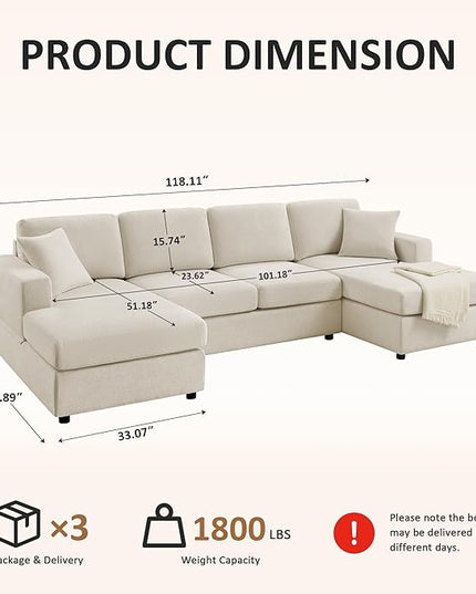 VANOMi 118'' U Shaped Sectional Sofa, 4 Seat Modern Sectional Couch, Double Chaise Longue, Cozy Chenille Sofa Couches for Living Room Apartment, Beige