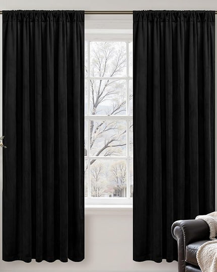 LAMIT Halloween Black Velvet Curtains for Bedroom 72 Inch, Luxury Thermal Room Darkening Drapes Back Tab and Rod Pocket Privacy Blackout Panels for Movie Theater, 2 Panels, 52 x 72 Inch