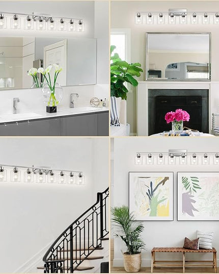 Modern Brushed Nickel 8 Light Bathroom Light Fixtures,52 inch Vanity Lights for Bathroom with Clear Glass for Mirror Kitchen Living Room Hallway Cabinet Porch