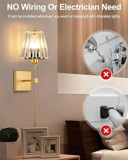 Battery Operated Crystal Wall Sconces Set of 2,Gold Rechargeable Wireless Wall Sconces with USB Dimmable 15 Colors Modes Led Wall Lights, Wall Lamp for Bedroom Living Room Entryway ,2 Bulbs Included