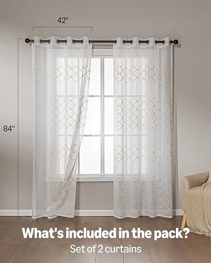 Amazon Basics 2-Piece Embroidery Sheer Curtain Set, Light Filtering Hollow Drapes for Living Room and Bedroom, 42" W × 84" L, White Scale