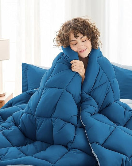 MUXHOMO 7 Pieces Full Comforter Set, Reversible Bed in a Bag Full Size, All Season Bedding Set with Comforter, Flat Sheet, Fitted Sheet, Pillowcases & Shams, Teal & Lake Blue