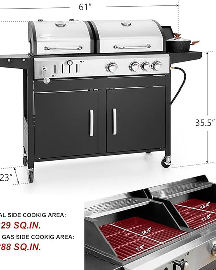 3 Burner Propane Gas and Charcoal Grill Combo with Side Burner & Porcelain-Enameled Cast Iron Grates, 37,000 BTUs 685 SQIN Dual Fuel Outdoor BBQ Grill for Patio Garden Picnic Backyard Barbecue Cooking