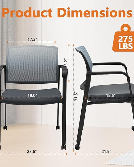 CLATINA Mesh Back Stacking Arm Chairs with Upholstered Fabric Seat and Ergonomic Lumbar Support for Office School Church Guest Reception (WithWheels Gray- 4 Pack)