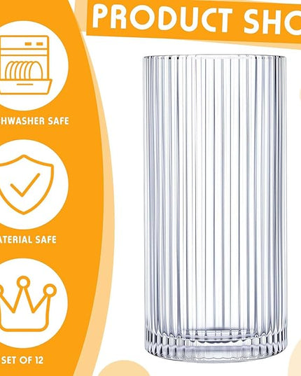 Zhehao 12 Pcs Ribbed Drinking Glasses Set 12 oz 14 oz Glass Cups Vintage Glassware Ribbed Cocktail Cup Clear Ice Coffee Highball Ripple Drinkware for Home Bar Beverages