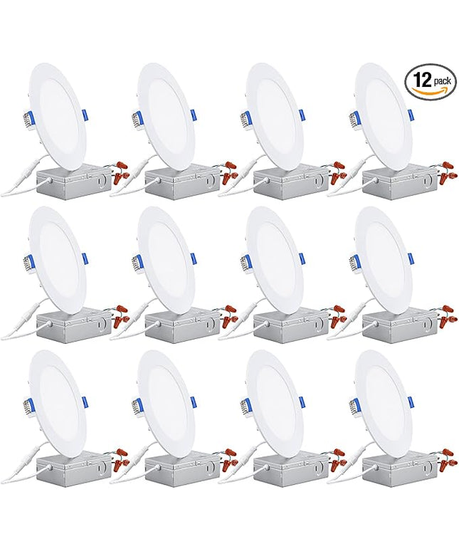 TORCHSTAR 12-Pack 6 Inch Ultra-Thin LED Recessed Lighting with J-Box, CRI90, 5000K Daylight, 12W Dimmable 1100lm Brightness LED Downlight, ETL & Energy Star Listed