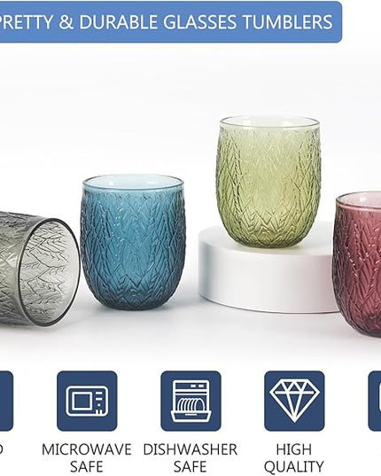 Colored Glasses Drinking Set of 4, 12oz Vintage Drinking Glasses, Embossed Glass Cups, Water Tumbler for Cocktail, Various Mixed Drinks (Willow Leaf 4PCS)