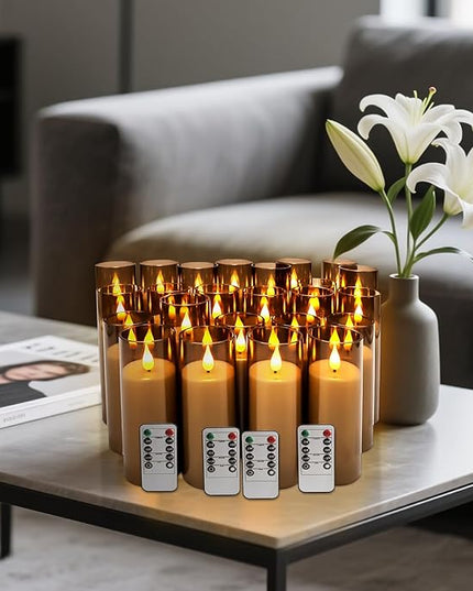Halloween Decoration Flickering Flameless Candles Battery Operated Timer Led Pillar Candles with Realistic Moving Wick Candles for Home Decor 24 Pack (D2.2 xH 5" 6" 7")(Grey)