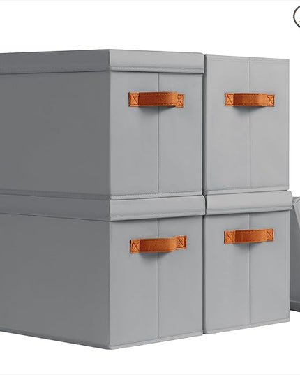Storage Bins with Lids - Fabric Storage Baskets for Shelves, 4 Pack Foldable Decorative Boxes with Handles, Stackable Organizer Bins for Home, Nursery, Dorm, Grey