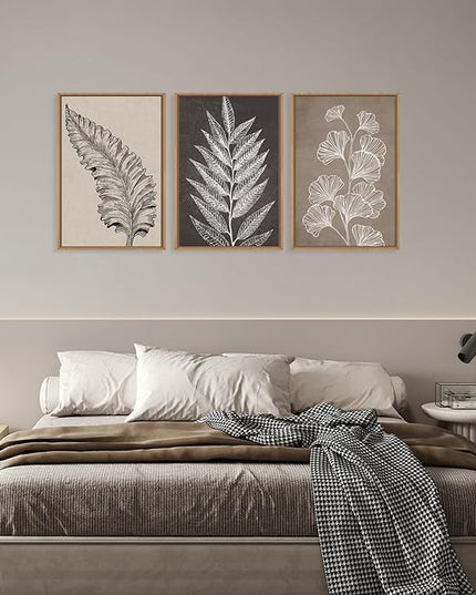 HOURIA Abstract Boho Fern Leaf Floral Framed Canvas Wall Art Set,Vintage Botanical Leaves Wildflower Decor,Modern Minimalist Nature Inspired Beige & Brown Artwork for Living Room,Farmhouse-16 x24 x3