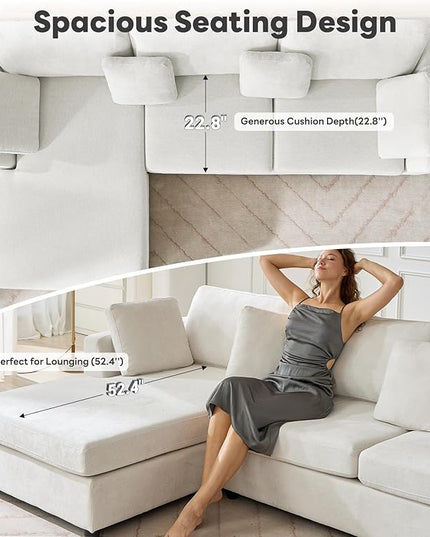 Tbfit L Shaped Couch, Oversized 108" Modular Sectional Sofa with Convertible Chaise, Comfy 4 Pillows Sofa for Living Room, White