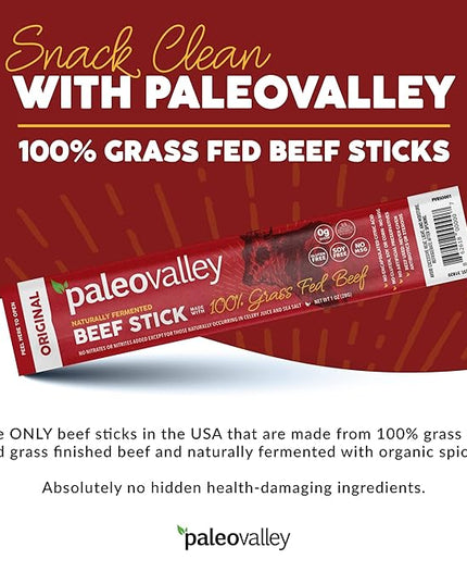 Paleovalley 100% Grass Fed Original Beef Sticks - Delicious Gluten Free Beef Snack - High Protein Keto Friendly