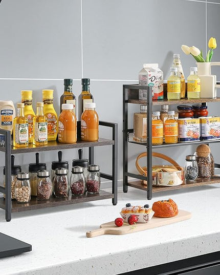 IBUYKE 3-Tier Spice Rack Industrial Counter Shelf Desktop Storage Organizer Standing Seasoning Rack for Countertop Kitchen Office Living Room Desktop Rustic Brown UTLJ021H