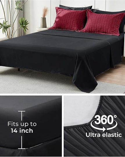 HYMOKEGE Red & Black Queen Comforter Set Seersucker 7 Pieces, All Season Luxury Bed in a Bag for Bedroom, Bedding Set with Comforters, Sheets, Pillowcases & Shams