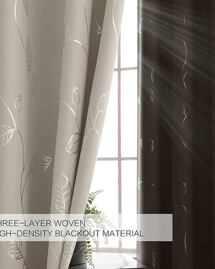 BUHUA White Black Out Curtains 63 Inch Long 2 Panels, Soundproof Curtains with Elegant Silver Leaf Print, Heat Blocking Curtains for Livingroom, 52W x 63L, Natural
