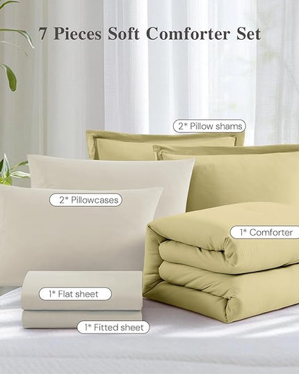 WRENSONGE Full Size Comforter Set- 7 Pieces Hemp Bed in a Bag Full Size Comforter with Fitted Sheet, Flat Sheet, 2 Pillow Shams, 2 Pillowcases, Warm Bedding Sets for All Season
