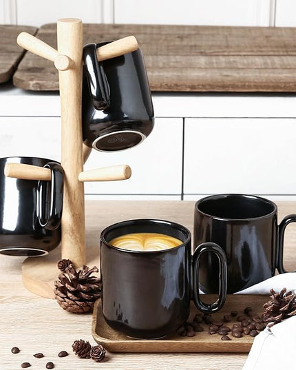 vicrays Ceramic Coffee Mug Set - 18 Ounce Large Stoneware Mug for Men Women - Unique Glazed Porcelain Mugs with Handle for Coffee Latte Tea Milk Cocoa - Set of 4 (Black)