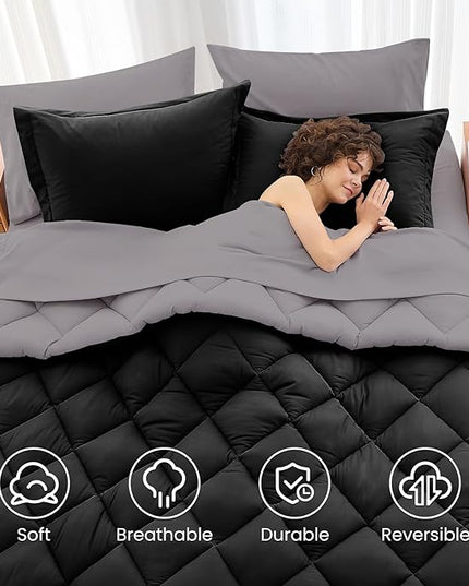 MUXHOMO 7 Pieces King Comforter Set, Reversible Bed in a Bag King Size, All Season Bedding Set with Comforter, Flat Sheet, Fitted Sheet, Pillowcases & Shams, Black & Soot