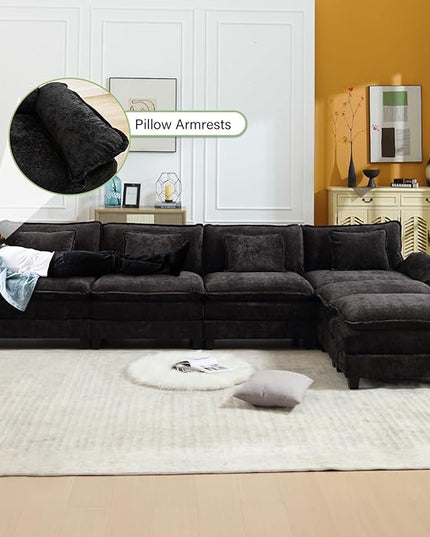 154" Modular Sectional Sofa, Comfy Cloud Couch Sectional Sofa with Ottoman, Chenille Sofa Sleeper Deep Seat Sofa with Throw Pillows for Living Room (Black, 154"- U Shape)