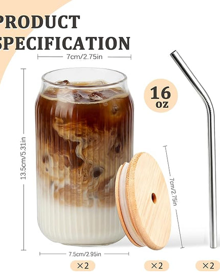 2 Packs Ribbed Glass Tumbler with Lid and Straw 16 oz Vintage Ice Coffee Cup Set Bulk Simple Smoothie Juice Matcha Tea Water Slushie Clear Hot Drink Glasses Travel Mug Modern Kitchen Glassware