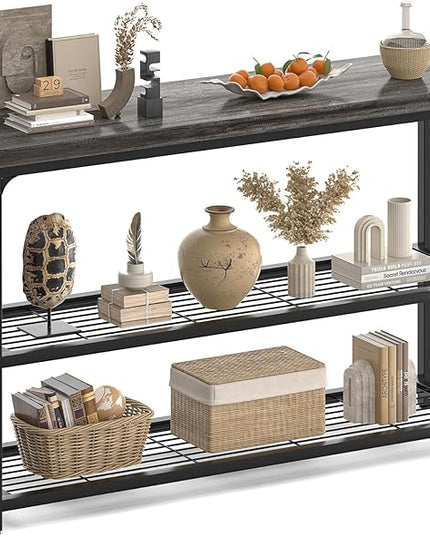 47" Console Table with Storage, 3-Tier Narrow Entryway Table, Sofa Table with Mesh Shelves, Console Tables for Living Room, Bedroom, Hallway, Entryway, Foyer, Oak Grey