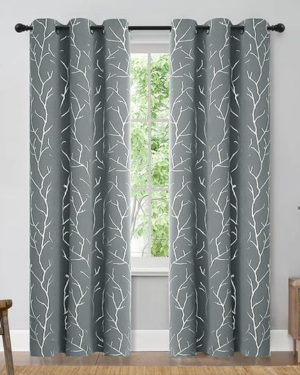 BUHUA Blackout Curtains - 84 Inch Long, Light Blocking Grey Curtains for Bedroom - Insulated Drapes with Tree Pattern