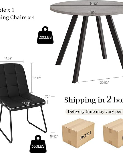 34.6'' Dining Table and Chairs for 4, Mid Century Modern Round Table Set, Space Saving for Apartment Kitchen Dining Room (Grey Table+4 U-Shaped Black Chairs)