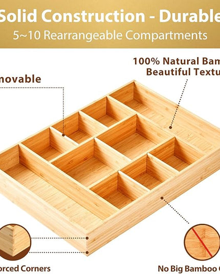 Umilife Extra Large Bamboo Desk Drawer Organizer, Wood Junk Organizer Tray with Adjustable Dividers, Anti-Skip Storage Organization in Office Bathroom Drawer for Vanity, Makeup, 17" x 12"