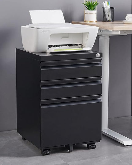 3-Drawer Lockable Mobile File Cabinet – Metal A4/Letter/Legal Size Storage for Home/Office, Pre-Assembled, Space-Saving Under-Desk Cabinet with Wheels (Black)