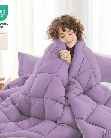 MUXHOMO 7 Pieces King Comforter Set, Reversible Bed in a Bag King Size, All Season Bedding Set with Comforter, Flat Sheet, Fitted Sheet, Pillowcases & Shams, Greyish Purple & Light Grey