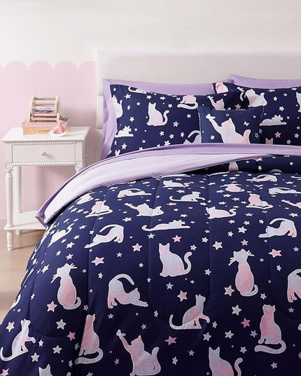 Full Size Comforter Set for Girls-7 Pieces Cute Cat Full Bedding Sets for Kids, Ultra Soft Bed in A Bag with Sheets