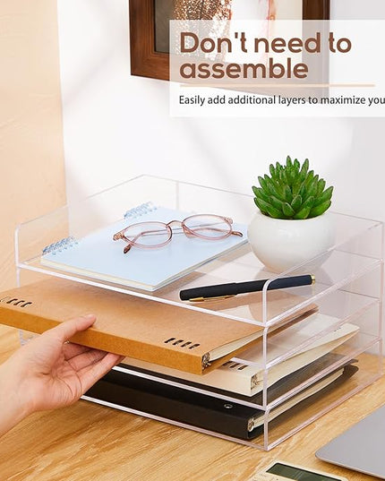 Harloon 4 Tier Acrylic Paper Tray 12.4 x 8.9 x 1.7 Inches Stackable Letter Clear Organizer No Need to Assemble Acrylic Paper Organizer File Tray for Office Workspace Desktop Storage(Transparent)