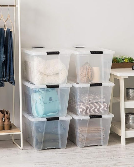 IRIS USA 54 Qt Stackable Plastic Storage Bins with Lids, 6 Pack - BPA-Free, Made in USA - See-Through Organizing Solution, Latches, Durable Nestable Containers, Secure Pull Handle - Clear