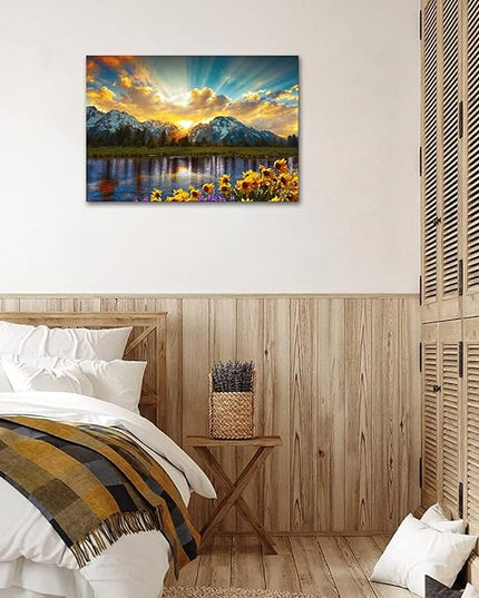 SKASNFAI Grand Teton National Park Wall Art Sunflower Landscape Canvas Mountain Artwork Landscape Print for Living Room Framed (20x30 inch)