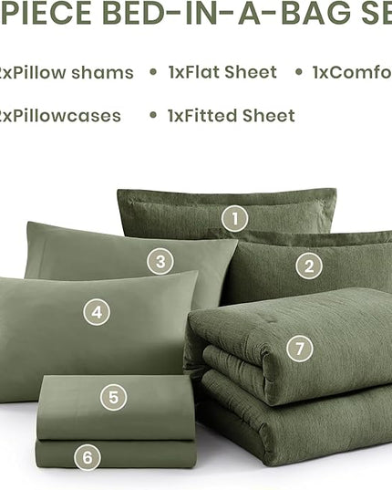 Monbix Oversized Queen Comforter Set - 7 Pieces Cationic Dyeing Olive Green Bed in a Bag Bedding Sets with Comforter, Sheets, Pillowcases & Shams, Reversible Bedding Comforters Sets