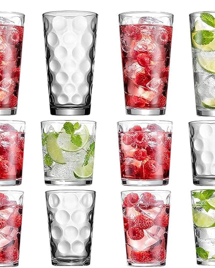 Set of 12 Elegant Everyday Stackable Drinking Glasses - Includes 4-17oz Highball Tumbler Glassware, 4-13oz DOF Rock Glasses, 4-7oz Juice Glasses for Mixed Drinks, Water, Beer, Wine.