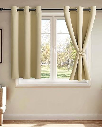 JIUZHEN Light Beige Blackout Curtains with Tiebacks - Thermal Insulated, Light Blocking and Noise Reducing Grommet Curtain Drapes for Bedroom and Living Room, Set of 2 Panels, 42 x 54 Inch Length