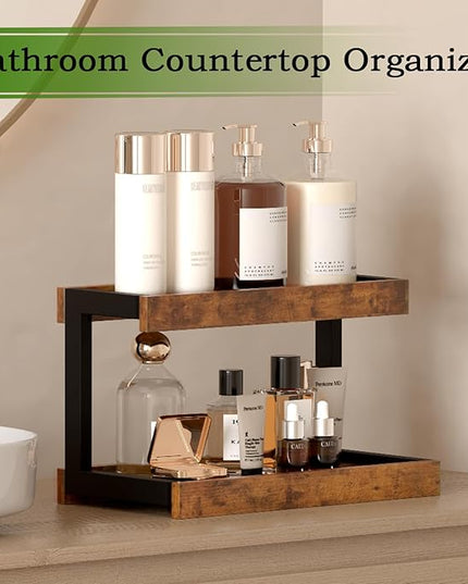 MARTY 2 Tier Spice Rack Organizer for Countertop, 15.8''L Coffee Station/Bathroom Organizer Countertop, Counter Shelf Desktop Storage Organizer for Kitchen, Bedroom, Office (Rustic Brown)