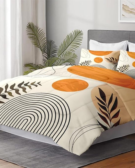 Queen Size Comforter Set with 2 Pillowcases, Boho Rainbow Sun Geometric 3 Pcs Bedding for Kids and Adults, Contemporary Mid Century Soft Comforter Set for Bedroom Bed Decor