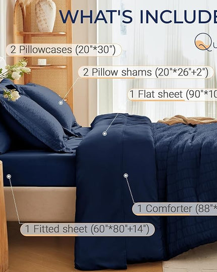 MUXHOMO 7 Pieces Queen Comforter Set, Seersucker Bed in a Bag Queen Size, All Season Luxury Bedding Set with Comforter, Flat Sheet, Fitted Sheet, Pillowcases & Shams, Navy Blue