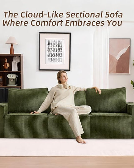 102” Boneless Modular Couch, 3 Seater Cloud Sofa for Living Room, Modern Sectional Sofa with Deep Seat, Comfy Fluffy Loveseat Couch, No Assembly Required, Green