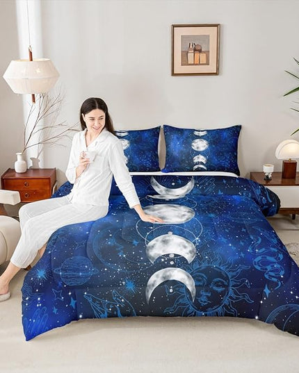 Sun and Moon Kids Comforter Set King Size,Starry Sky Galaxy Planet Trippy Bedding Set,Boys Girls Adults Room Decor,Hassam Hand Dead Snake Boho Exotic Down Comforter,Blue Duvet Insert,2 Pillowcases