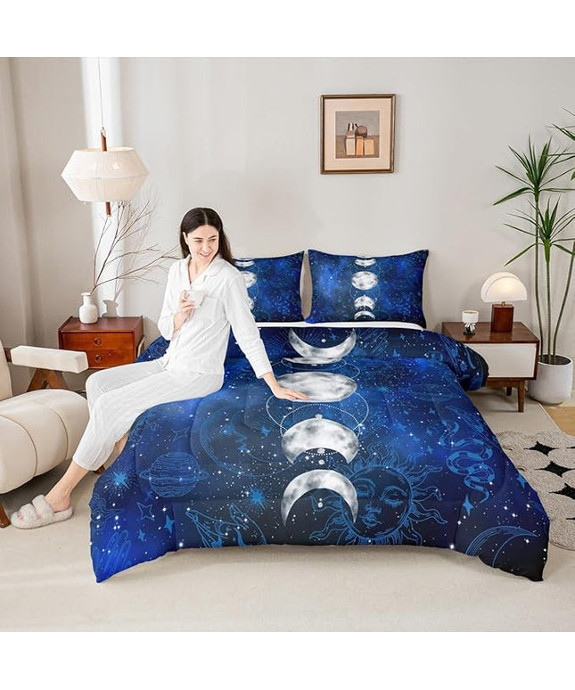 Sun and Moon Kids Comforter Set King Size,Starry Sky Galaxy Planet Trippy Bedding Set,Boys Girls Adults Room Decor,Hassam Hand Dead Snake Boho Exotic Down Comforter,Blue Duvet Insert,2 Pillowcases