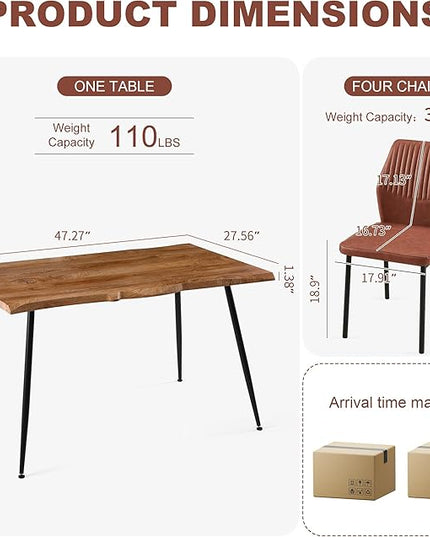 Dining Table Set for 4, Modern Wood Irregular Rectangle Dining Table,Leather Dining Chairs 4,Table and Chairs Set of 4 for Kitchen Dining Room, Brown