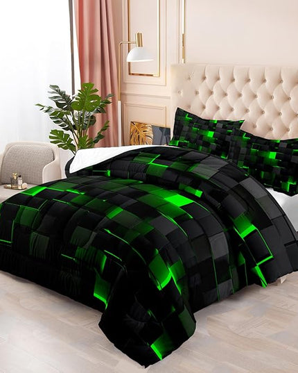 Geometric Green Black Comforter Set,Light Honeycomb 3 Piece Bedding Set King Size for Teen Boys,Modern Quilt Set Geometry Decor,Microfiber Lightweight 1 Comforter 2 Pillowcases All Season