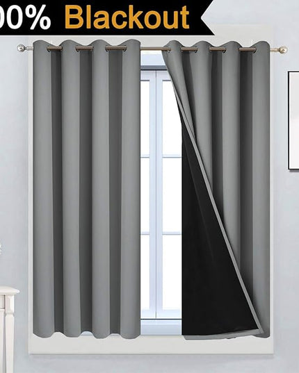 Yakamok Gray 100% Blackout Curtains 45 Inches Long, Full Light Blocking Thermal Insulated Blackout Drapes with Black Liners for Bedroom(Grey, 2 Panels, 52W x 45L)