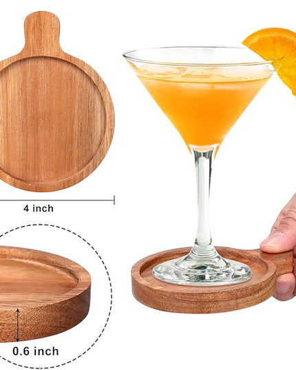 Best Wooden Handle Coasters Set of 6 with Holder Coffee Table Decor Acacia Wood Coaster for Living Room Modern Cup Coaster for Drink Home Kitchen Dining Accessories Bar Farmhouse Outdoor Decorative