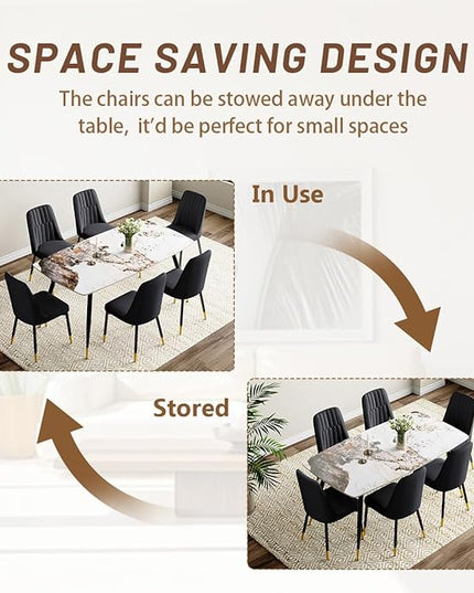 7 Piece Dining Table Set, Dinner Table Set for 6, Sintered Stone Kitchen Table Top and Modern Chairs Set of 6 for Kitchen Dining Room