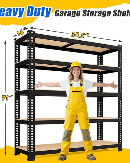 71" H x 35.5" W x 16" D 5-Tier Metal Storage Shelves: Heavy Duty Garage Shelving Adjustable Shelves for Storage - Black Utility Rack Shelf for Pantry, Warehouse, Office, Kitchen, 4PCS